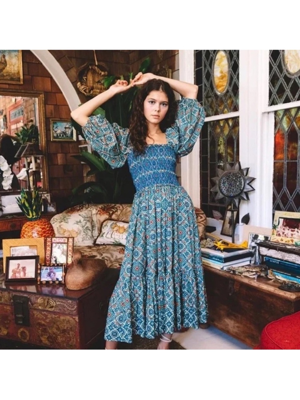 Like New Cara Cara Blue/Green Patterned Puff-Sleeve Dress